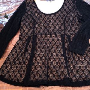 Black cotton lace with nude underlay Aline top fm designer Catherine Malandrino.